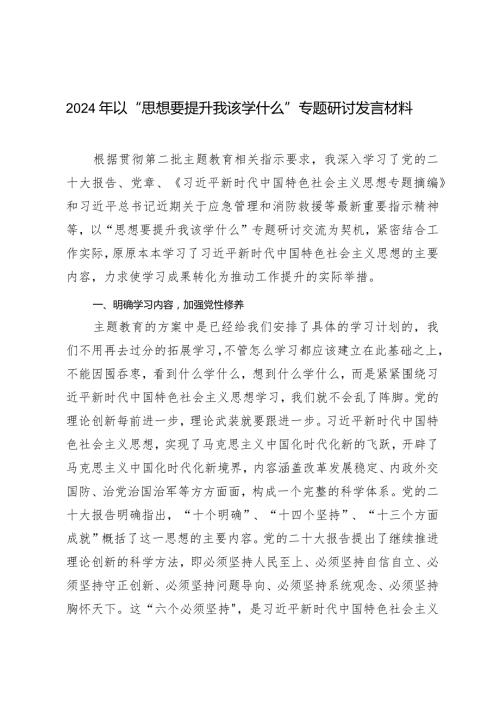 （2篇）2024年以“思想要提升我该学什么”专题研讨发言材料（2024两会精神学习心得体会）.docx