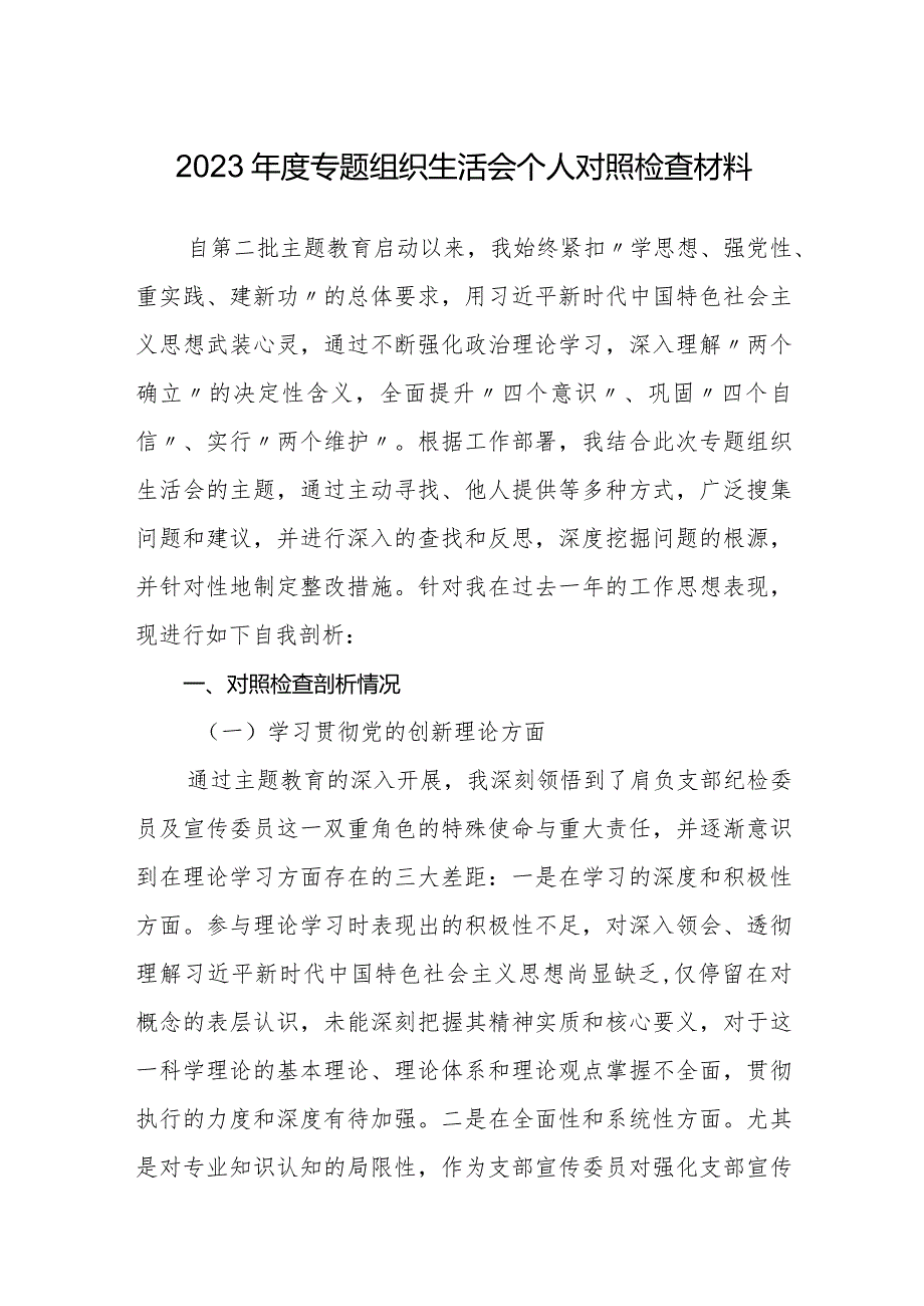 支委20232024四个方面班子成员个人对照检查材料.docx_第1页
