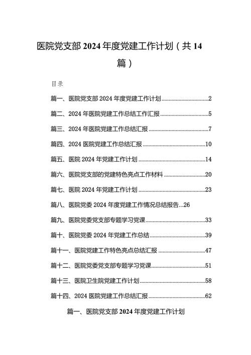 医院党支部2024党建工作计划（共14篇）.docx