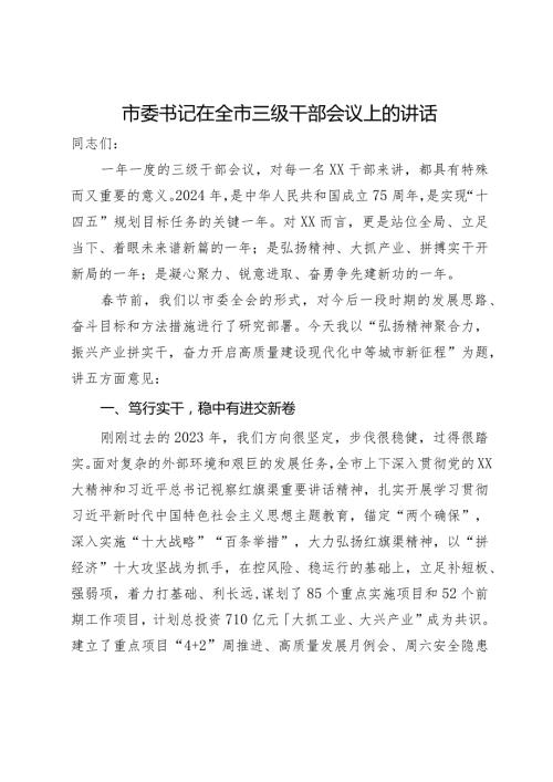 市委书记在全市三级干部会议上的讲话.docx