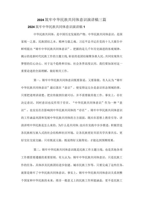 2024筑牢中华民族共同体意识演讲稿三篇.docx