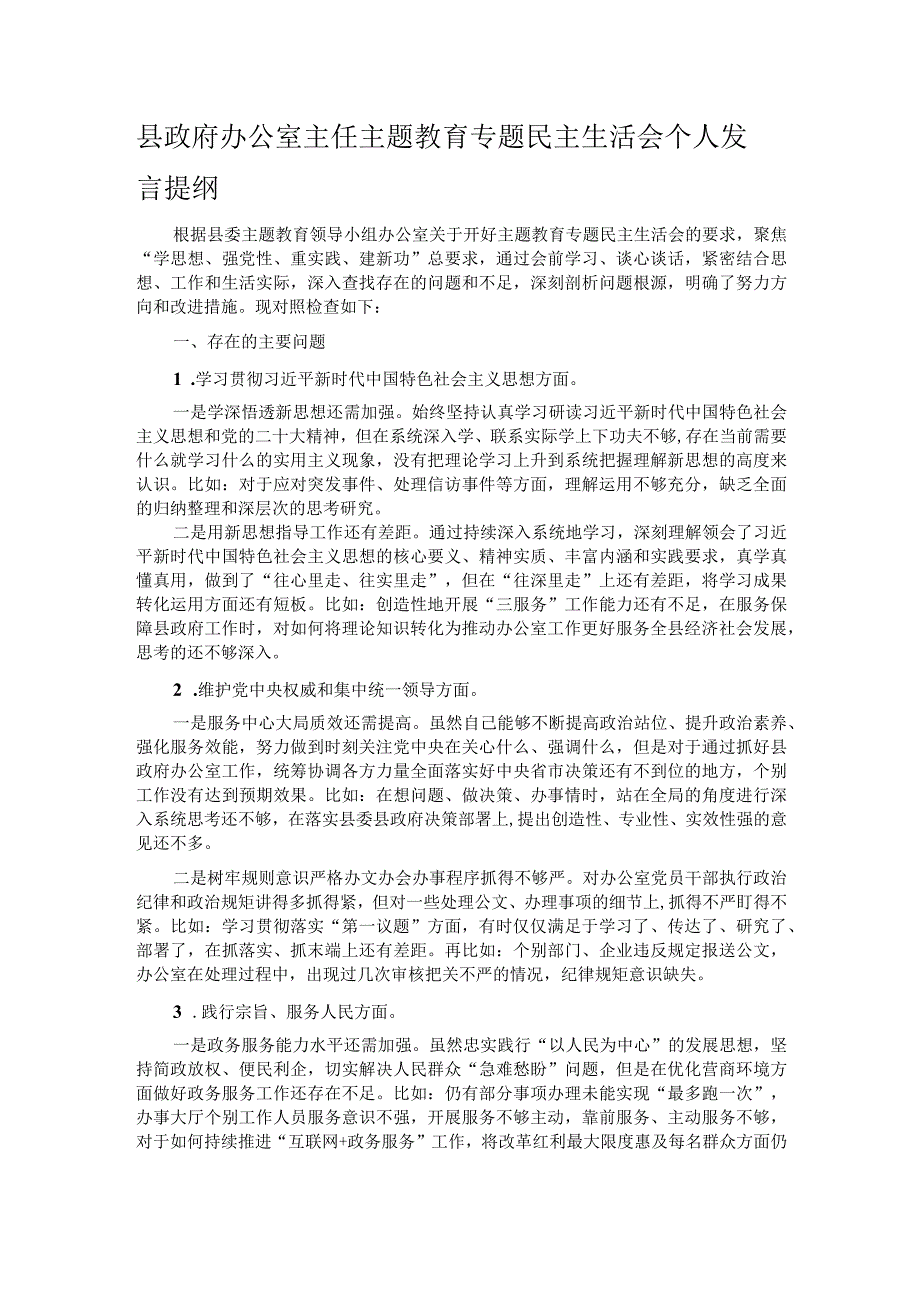 县政府办公室主任主题教育专题民主生活会个人发言提纲(1).docx_第1页