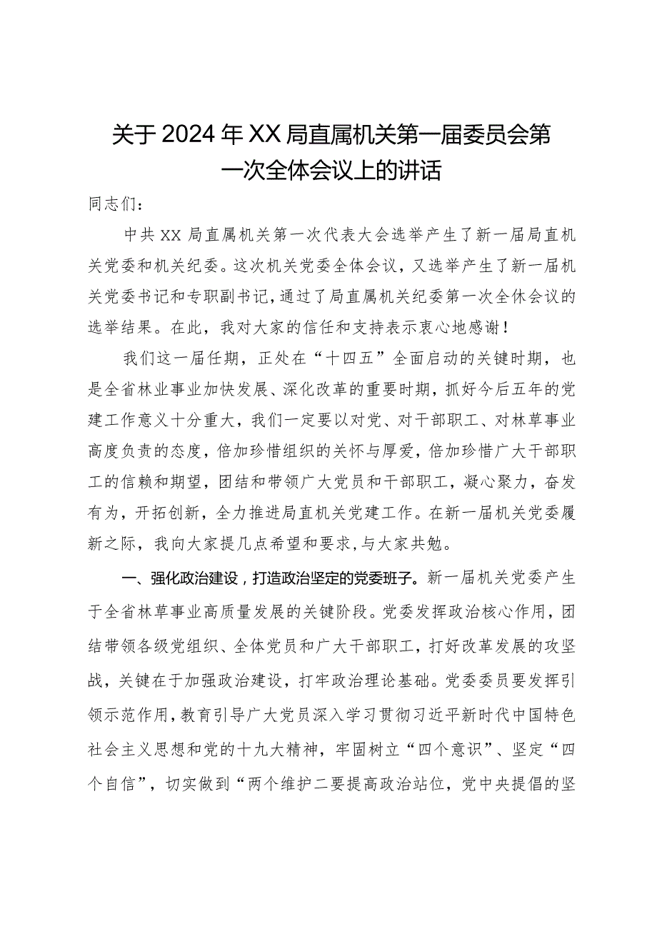关于2024年局直属机关第一委员会第一次全体会议上的讲话.docx_第1页