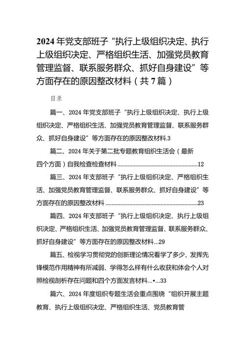 2024年党支部班子“执行上级组织决定、执行上级组织决定、严格组织生活、加强党员教育管理监督、联系服务群众、抓好自身建设”等方面存在(1)(1).docx