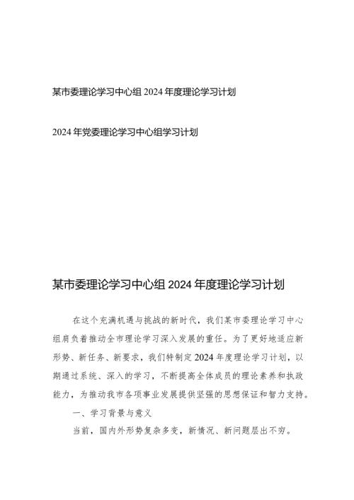 某市委理论学习中心组2024理论学习计划+2024年党委理论学习中心组学习计划.docx
