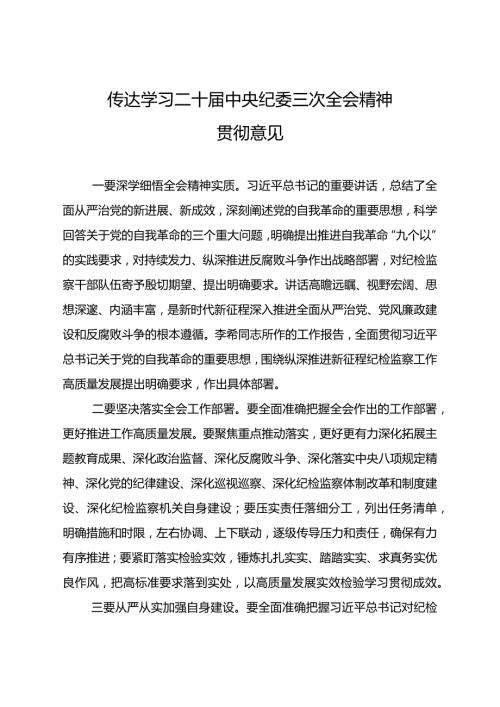 传达学习二十中央纪委三次全会精神贯彻意见.docx