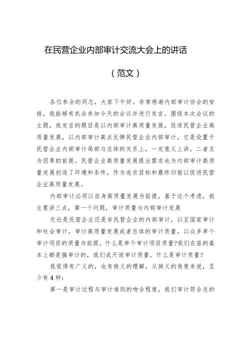 在民营企业内部审计交流大会上的讲话（范文）.docx