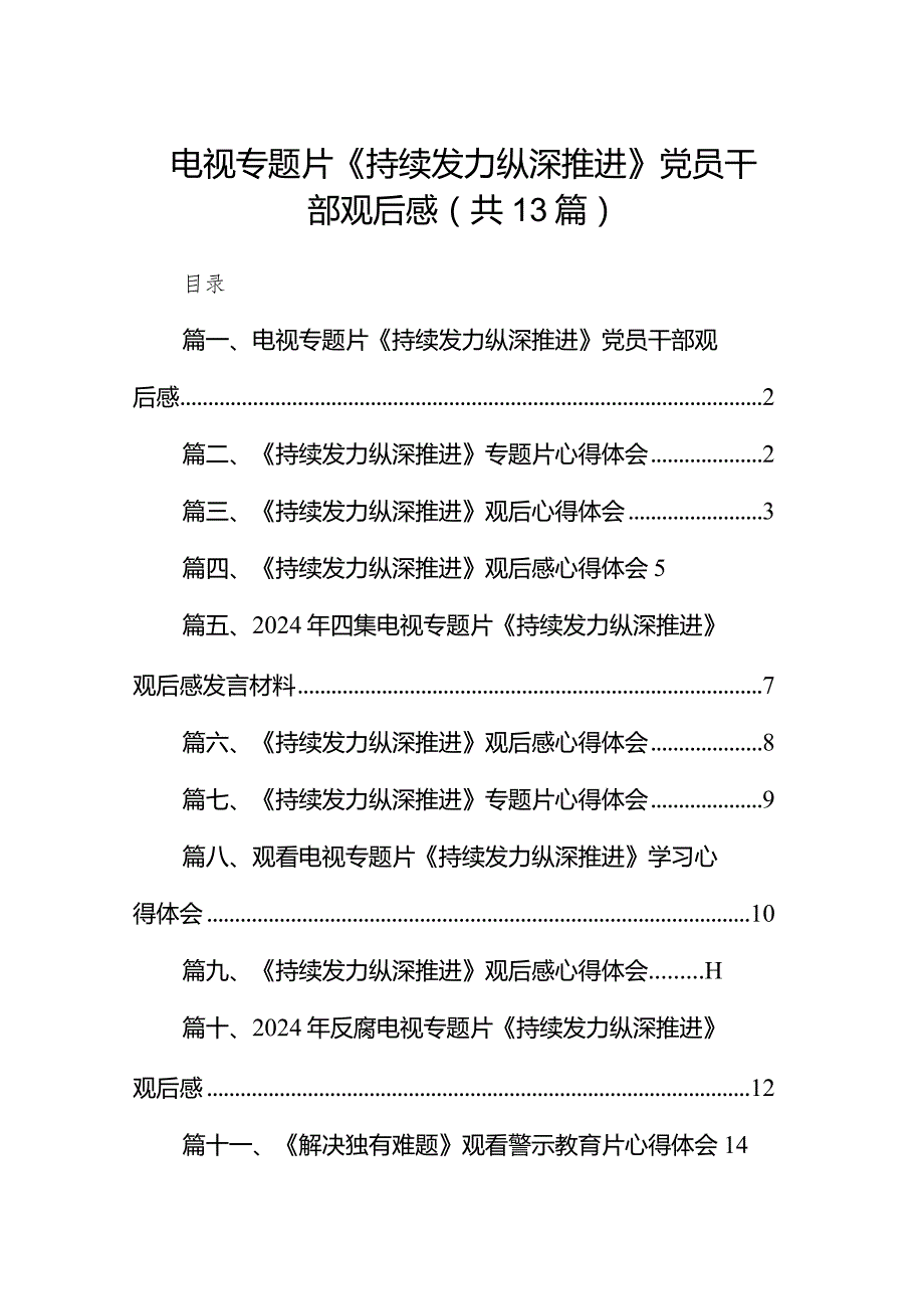 2024电视专题片《持续发力纵深推进》党员干部观后感13篇（详细版）.docx_第1页