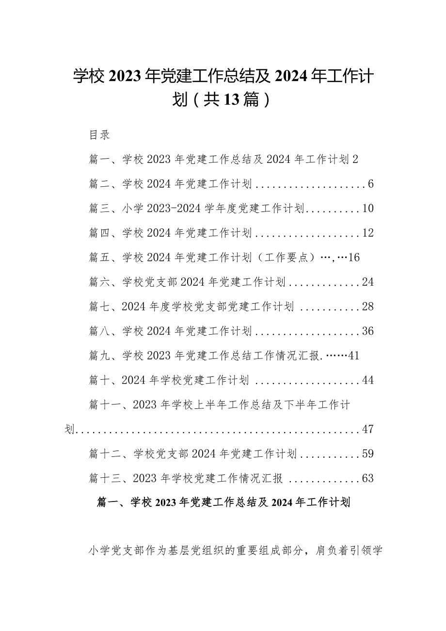学校2023年党建工作总结及2024年工作计划范文13篇（详细版）.docx_第1页