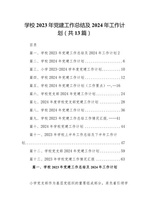 学校2023年党建工作总结及2024年工作计划范文13篇（详细版）.docx