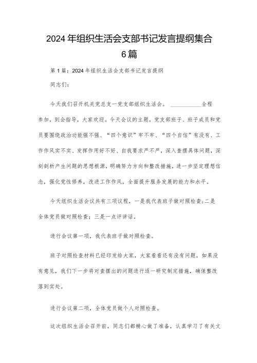 2024年组织生活会支部书记发言提纲集合6篇.docx