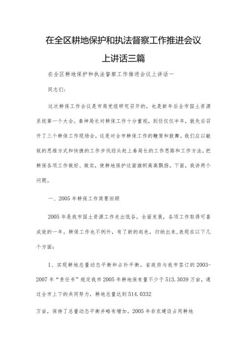 在全区耕地保护和执法督察工作推进会议上讲话三篇.docx