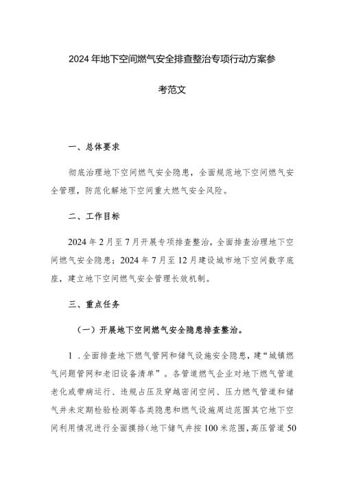 2024年地下空间燃气安全排查整治专项行动方案参考范文.docx