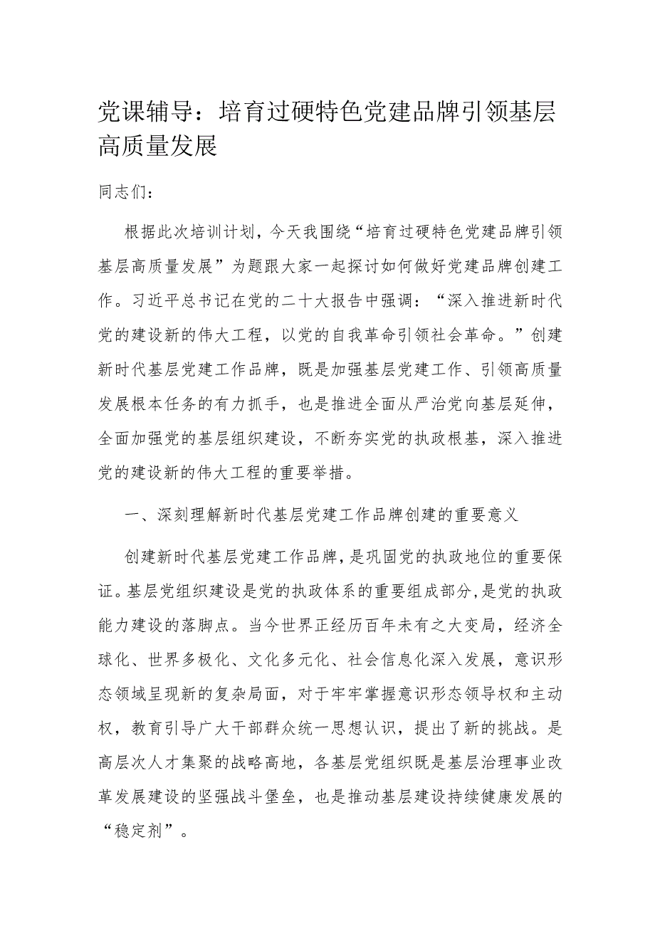 党课辅导：培育过硬特色党建品牌引领基层高质量发展(2).docx_第1页