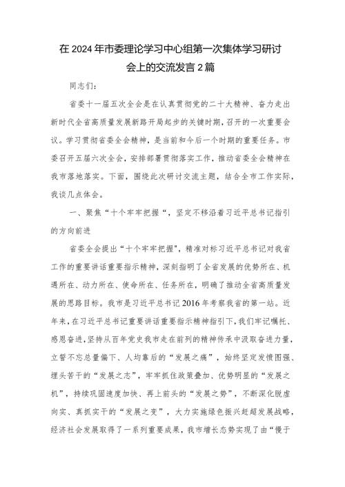 在2024年市委理论学习中心组第一次集体学习研讨会上的交流发言2篇.docx