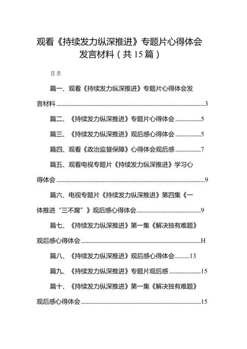 观看《持续发力纵深推进》专题片心得体会发言材料（共15篇）.docx