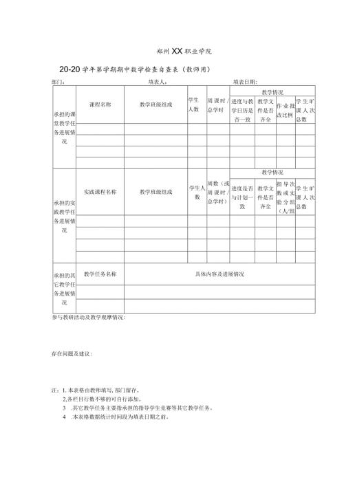 郑州XX职业学院X第X学期期中教学检查自查表(教师用)（2024年）.docx