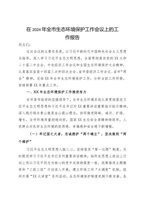 在2024年全市生态环境保护工作会议上的工作报告(1).docx