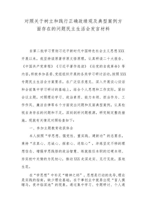 对照关于树立和践行正确政绩观及典型案例方面存在的问题民主生活会发言材料.docx