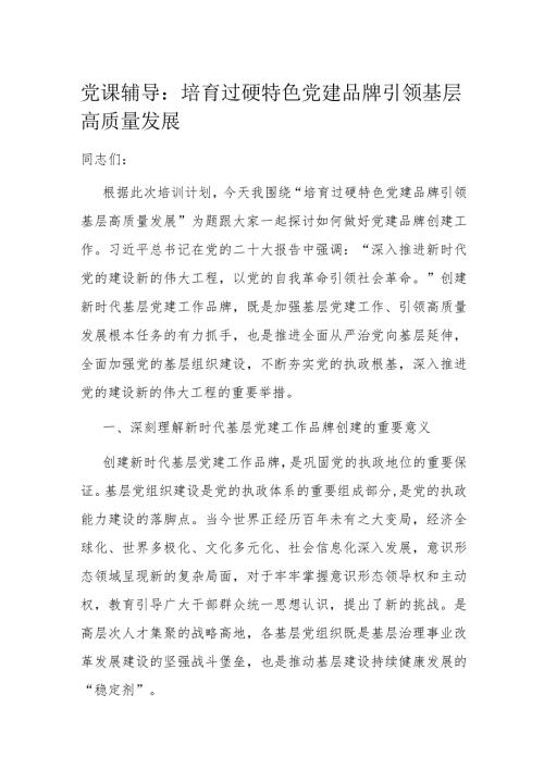 党课辅导：培育过硬特色党建品牌 引领基层高质量发展(1).docx