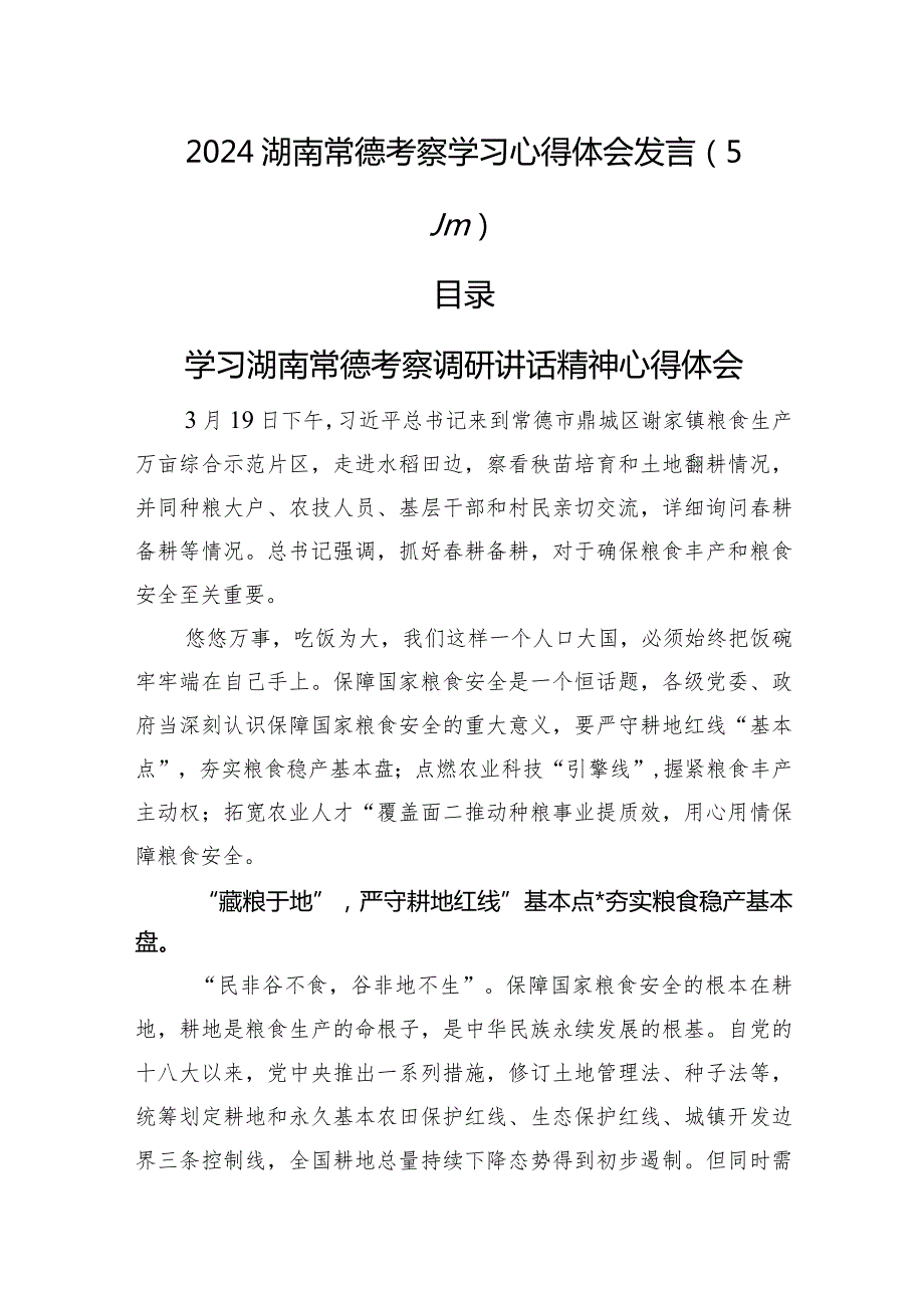 湖南考察调研讲话心得体会发言（5篇）.docx_第1页