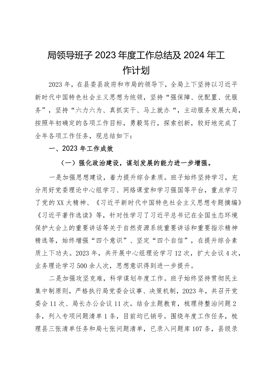 自然资源和规划局局领导班子2023工作总结及2024年工作计划.docx_第1页