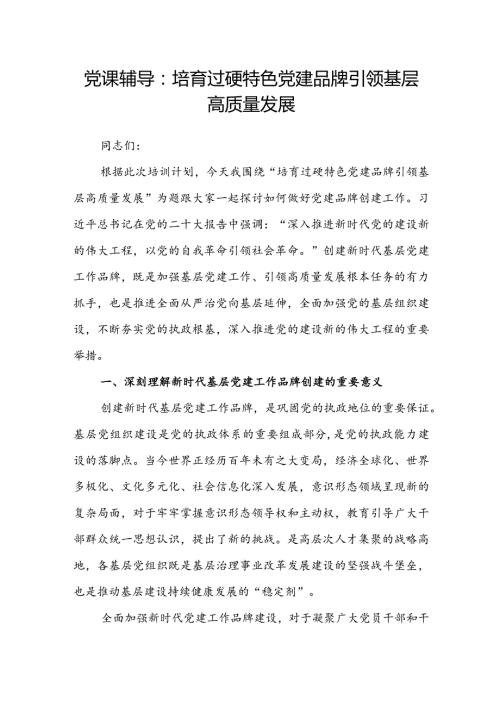 党课辅导：培育过硬特色党建品牌引领基层高质量发展(1).docx