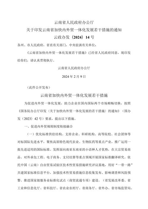 云南省加快内外贸一体化发展若干措施（2024年）.docx
