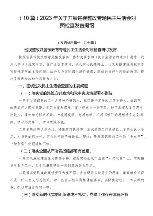 （10篇）2023年关于开展巡视整改专题民主生活会对照检查发言提纲.docx