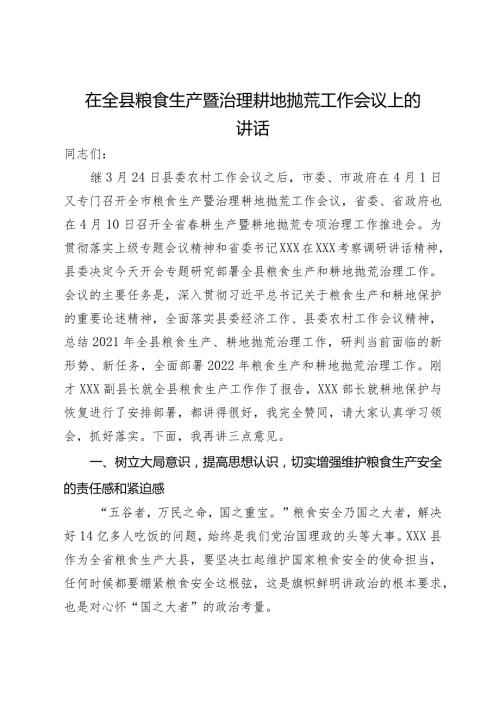 在全县粮食生产暨治理耕地抛荒工作会议上的讲话(3).docx