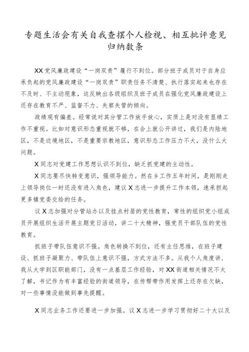 专题生活会有关自我查摆个人检视、相互批评意见归纳数条.docx