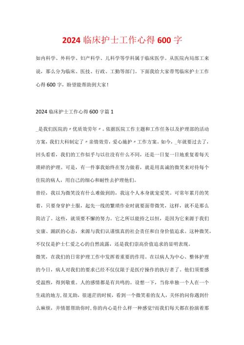 2024临床护士工作心得600字.docx
