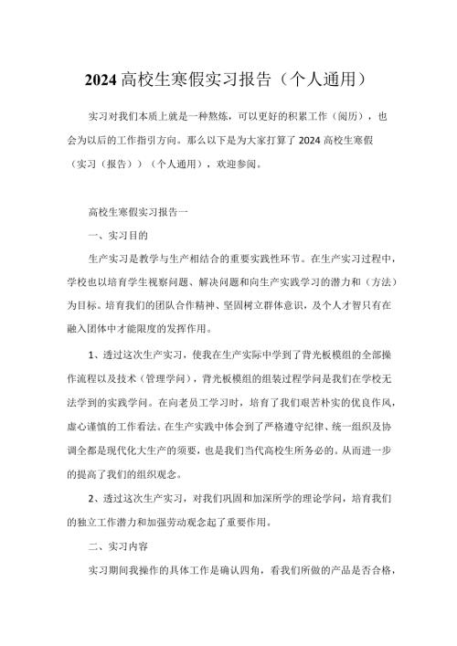 2024大学生寒假实习报告(个人通用).docx