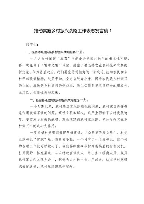 2024年推动实施乡村振兴战略工作表态发言讲话稿.docx