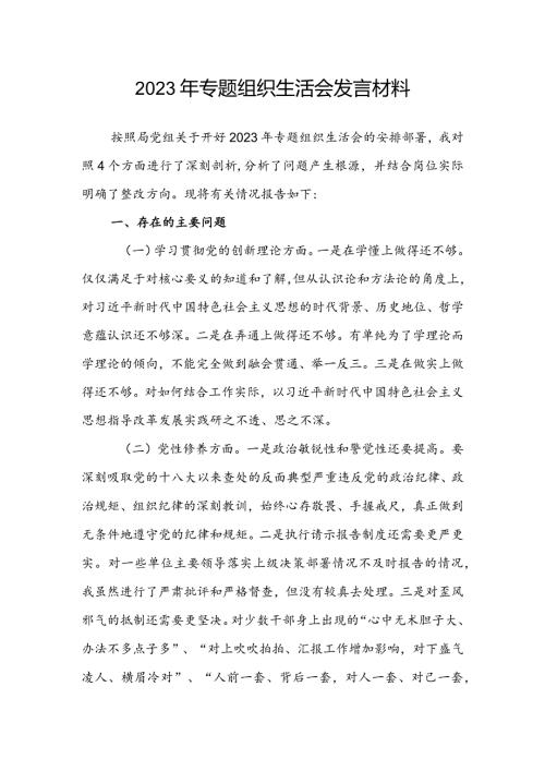 2023年专题组织生活会发言材料(2).docx
