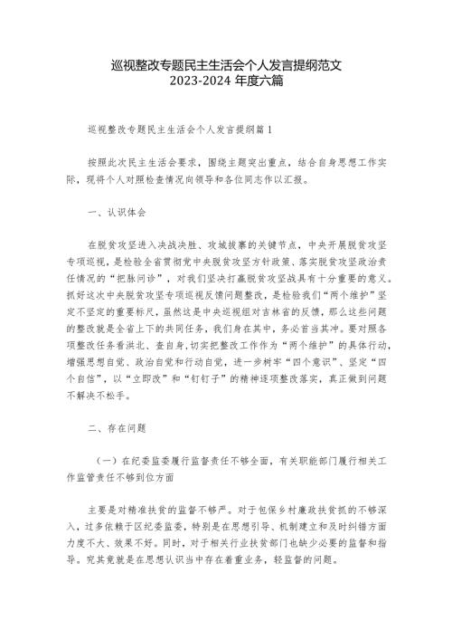 巡视整改专题民主生活会个人发言提纲范文20232024六篇.docx