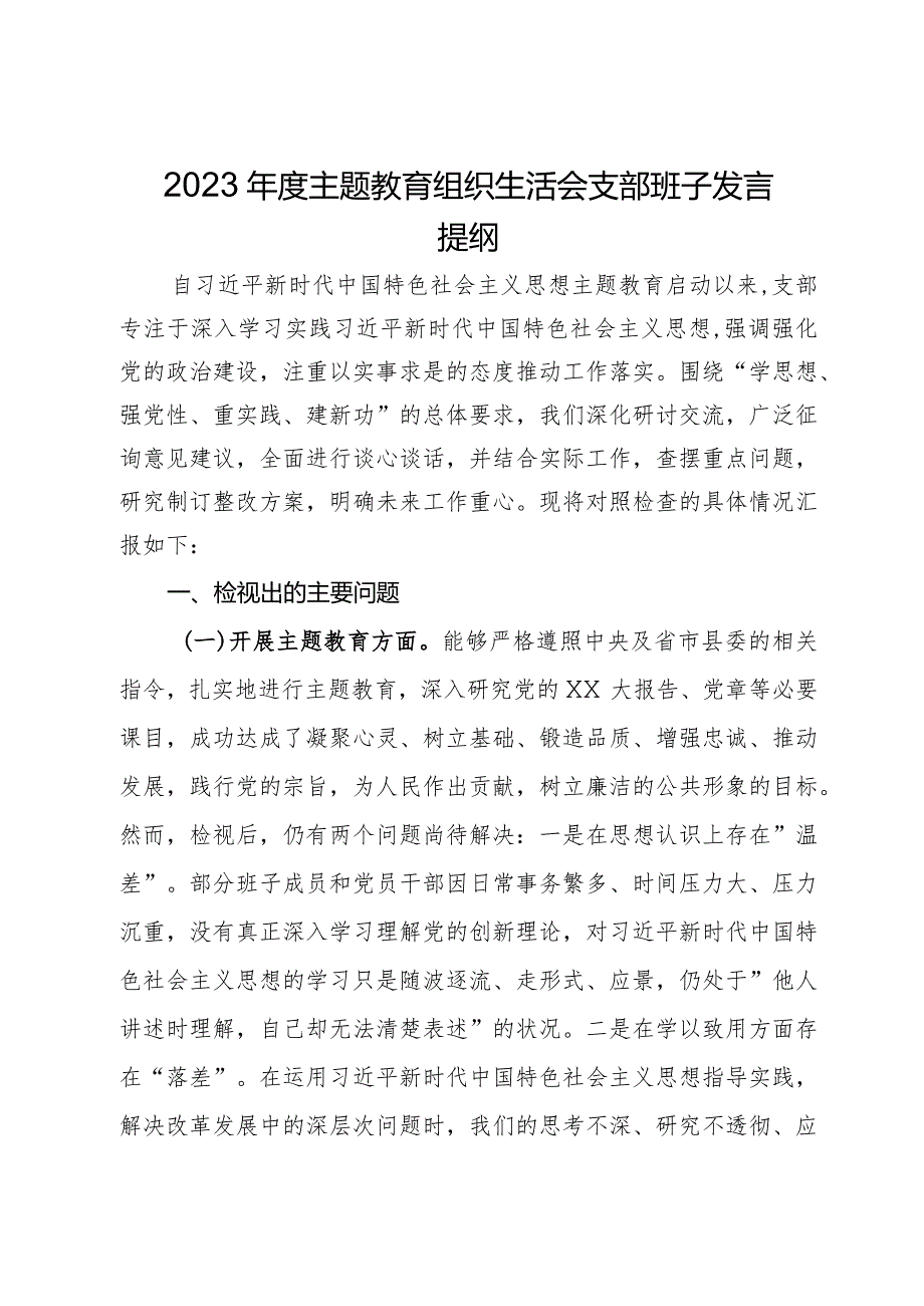 2023主题教育组织生活会支部班子发言提纲(2).docx_第1页