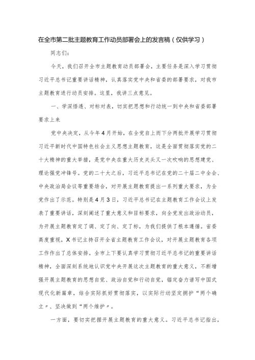 在全市第二批主题教育工作动员部署会上的发言稿.docx