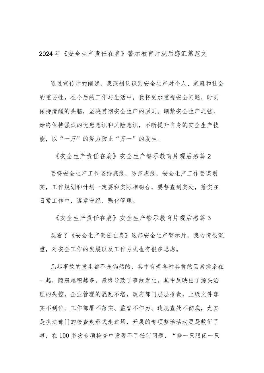 2024年《安全生产责任在肩》警示教育片观后感汇篇范文.docx_第1页
