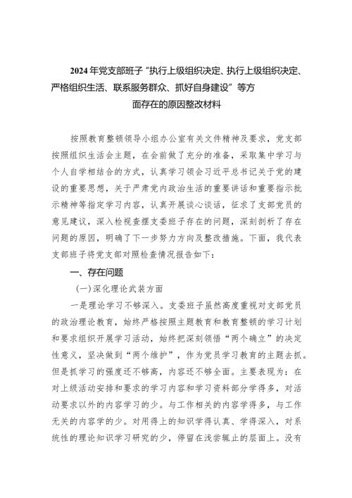 2024年党支部班子“执行上级组织决定、执行上级组织决定、严格组织生活、联系服务群众、抓好自身建设”等方面存在的原因整改材料四篇供参考.docx