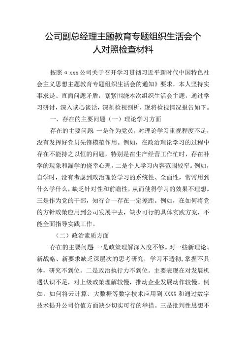 公司副总经理主题教育专题组织生活会个人对照检查材料.docx