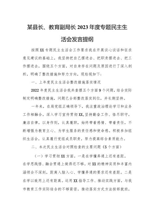 某县长、教育副局长2023专题民主生活会发言提纲.docx