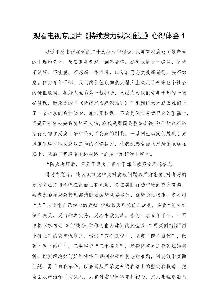 2024年观看电视专题片《持续发力纵深推进》学习心得体会观后感想3篇.docx_第2页
