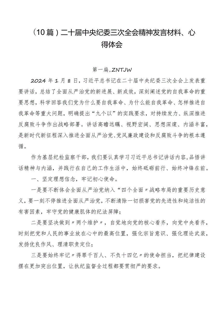 （10篇）二十中央纪委三次全会精神发言材料、心得体会.docx_第1页