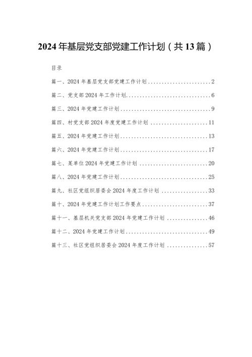 2024年基层党支部党建工作计划13篇供参考.docx