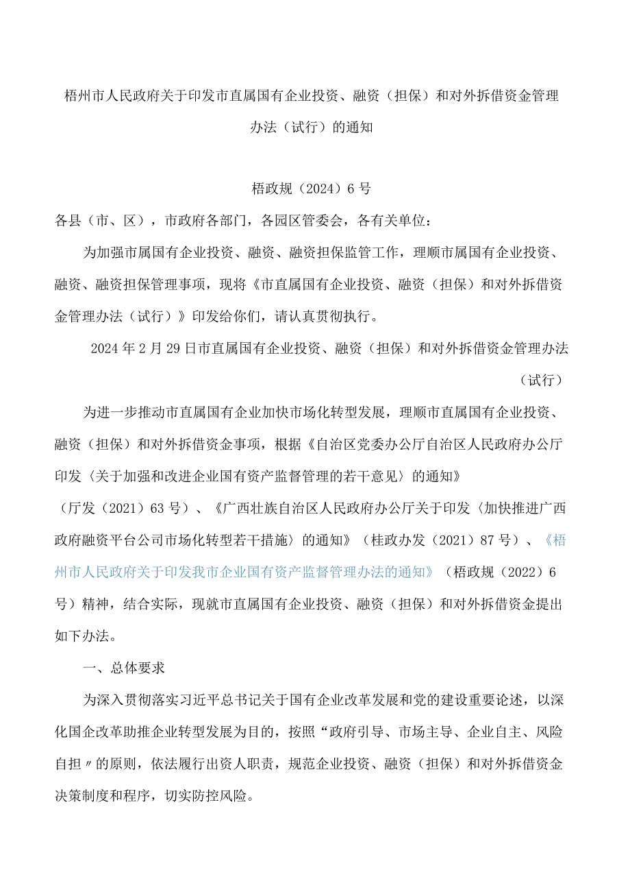 梧州市人民政府关于印发市直属国有企业投资、融资(担保)和对外拆借资金管理办法(试行)的通知.docx_第1页