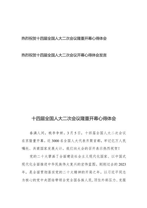 热烈祝贺十四全国人大二次会议隆重开幕心得体会发言2篇.docx