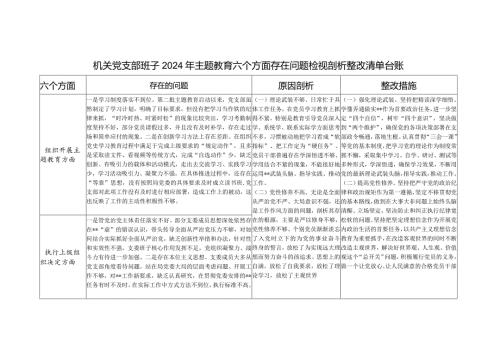 机关党支部班子查摆在组织开展专教育、加强党员教育管理监督、联系服务群众、抓好自身建设等六个方面存在问题检视剖析整改清单台账.docx