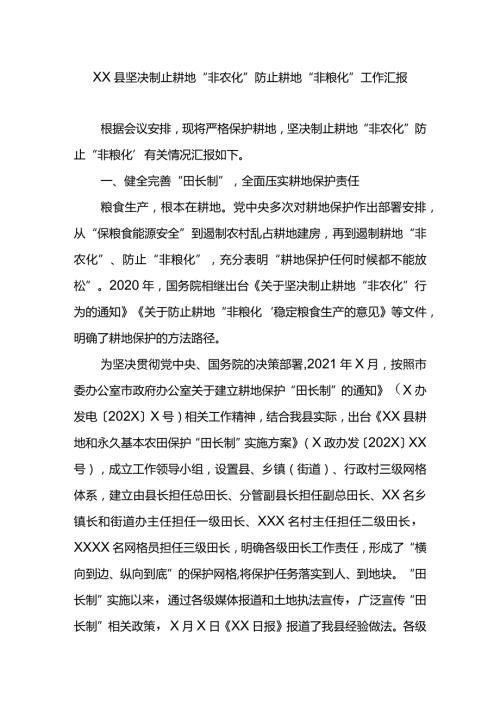 XX县坚决制止耕地“非农化”防止耕地“非粮化”工作汇报.docx