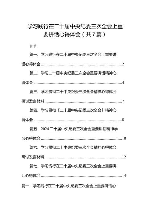 （7篇）学习践行在二十中央纪委三次全会上重要讲话心得体会范文.docx